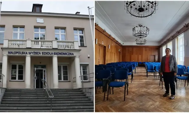 Budynek Małopolskiej Wyższej Szkoły Ekonomicznej (MWSE) i sala wykładowa z krzesłami.