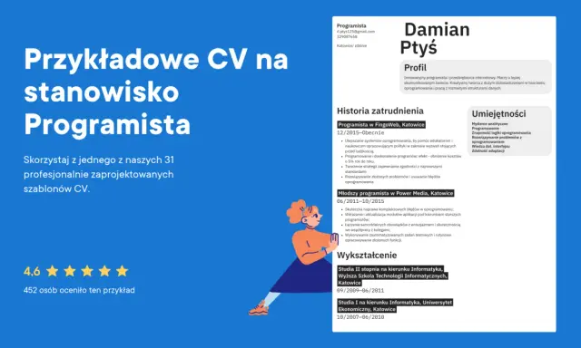 Przykładowe CV na stanowisko Programista. Damian Ptyś, innowacyjny programista, prezentuje swoje doświadczenie i umiejętności.