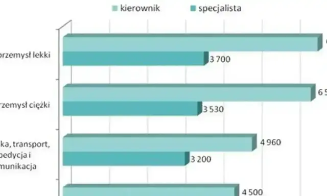 Wykres pokazuje, ile zarabia logistyk w różnych branżach. Specjalista w przemyśle lekkim zarabia 3700, a kierownik 6500.