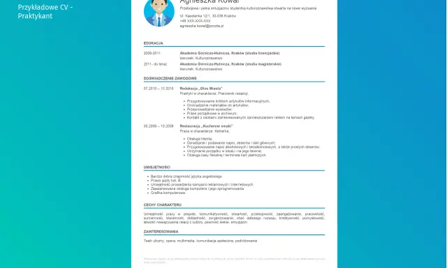 CV Agnieszki Kowal, studentki kulturoznawstwa, zawiera informacje o edukacji, doświadczeniu zawodowym (m.in. praktyki w redakcji "Głos Miasta") i umiejętnościach.