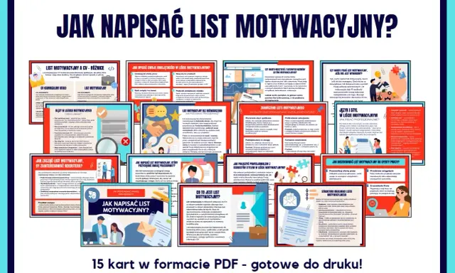 Zbiór poradników o tym, jak napisać list motywacyjny, zawiera wskazówki, błędy i przykłady. 15 kart PDF gotowych do druku.