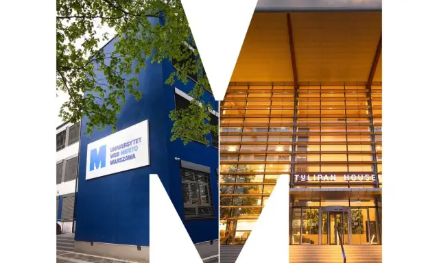 Budynek Uniwersytetu WSB Merito Warszawa, gdzie można studiować wsb finanse i rachunkowość. Obok nowoczesny Tulipan House.