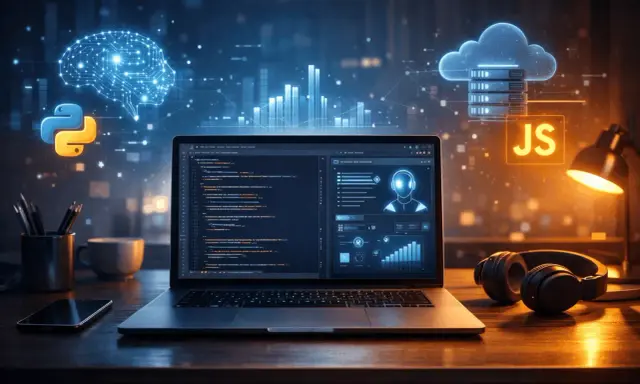 Laptop z kodem, ikony Pythona i JS, mózg AI, chmura danych. To inspiracja, jak zostać programistą od zera.