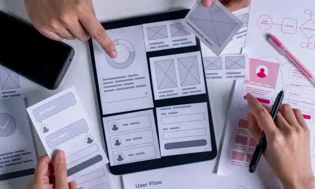 Zespół ui designerów pracuje nad projektami interfejsów, analizując makiety i schematy przepływu użytkownika.