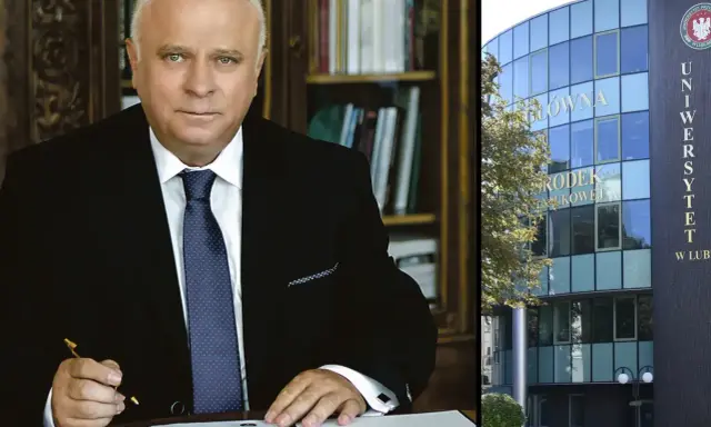 Rektor w gabinecie, obok budynek Uniwersytetu z napisem "Uniwersytet Przyrodniczy w Lublinie".