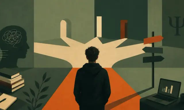 Młody człowiek stoi na rozdrożu, symbolizującym wybory ścieżek życiowych. Obok symbol psychologii i książki, sugerujące psychologia studia.