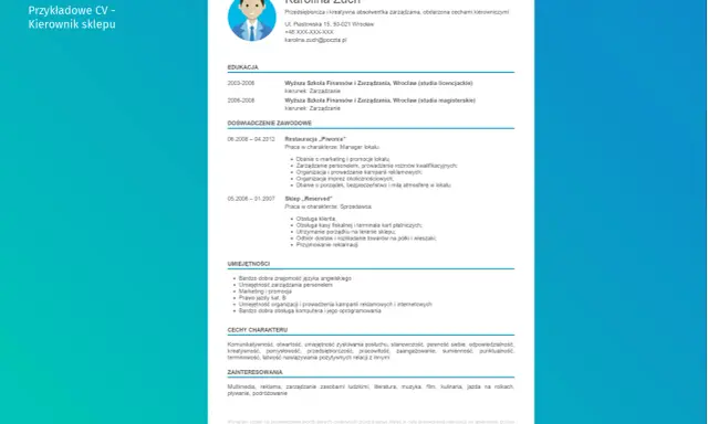 CV kierownik sklepu Karoliny Zuch, z doświadczeniem w zarządzaniu lokalem i sprzedażą.