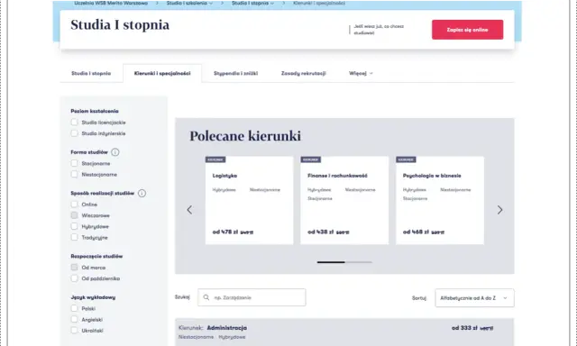 Szukasz studiów? Sprawdź kierunki, specjalności i ceny. Punkty kredytowe WSB pomogą Ci wybrać najlepszą ścieżkę.