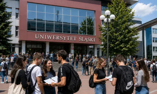 Studenci Uniwersytetu Śląskiego w Gliwicach rozmawiają przed budynkiem.