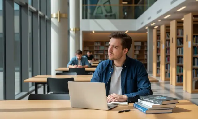 Młody mężczyzna zamyślony nad książkami i laptopem w bibliotece. Myśli o przeniesieniu się na inną uczelnię.