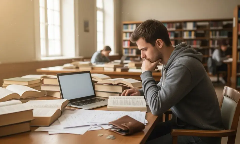 Student pochłonięty nauką w bibliotece, otoczony książkami i notatkami. Intensywna praca nad materiałem, by uzyskać warunkowe zaliczenie przedmiotu.