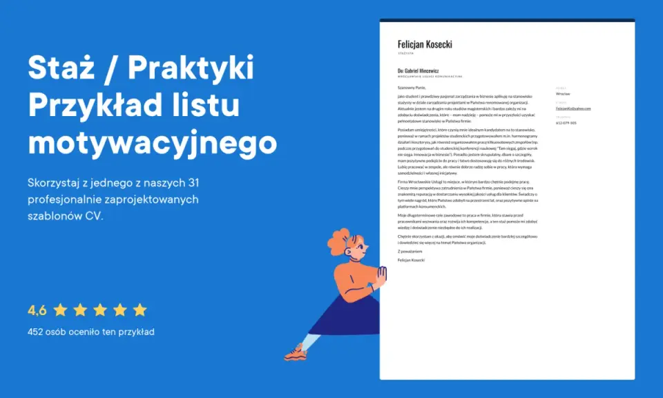 Przykładowy list motywacyjny na staż / praktyki, z profesjonalnie zaprojektowanym szablonem CV.