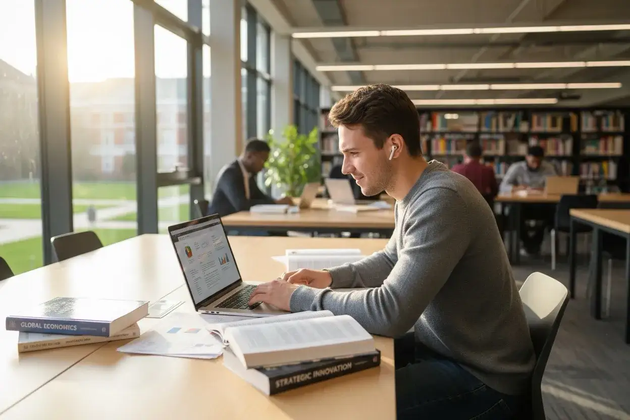 Młody mężczyzna pracuje na laptopie w bibliotece, otoczony książkami. To jego indywidualny tok studi&oacute;w, kt&oacute;ry pozwala mu rozwijać się w swoim tempie.