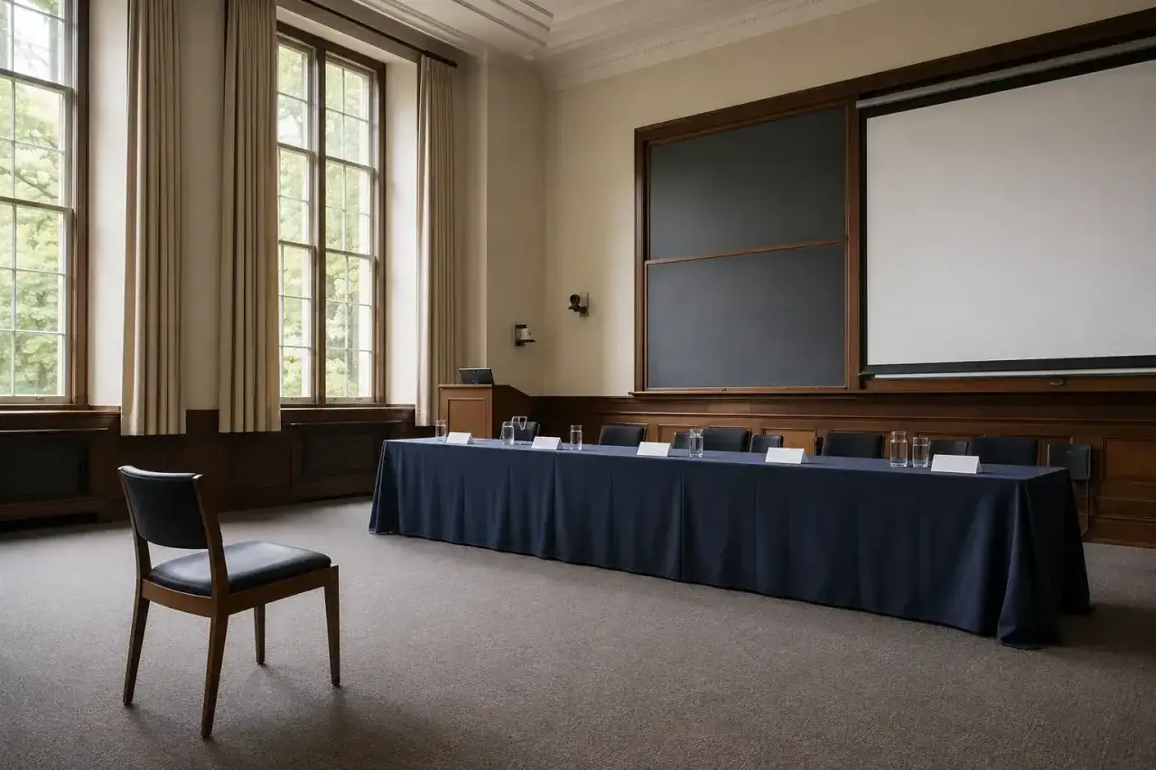 Pusta sala wykładowa z długim stołem, krzesłem dla studenta i tablicą. Czas na obrona pracy licencjackiej.