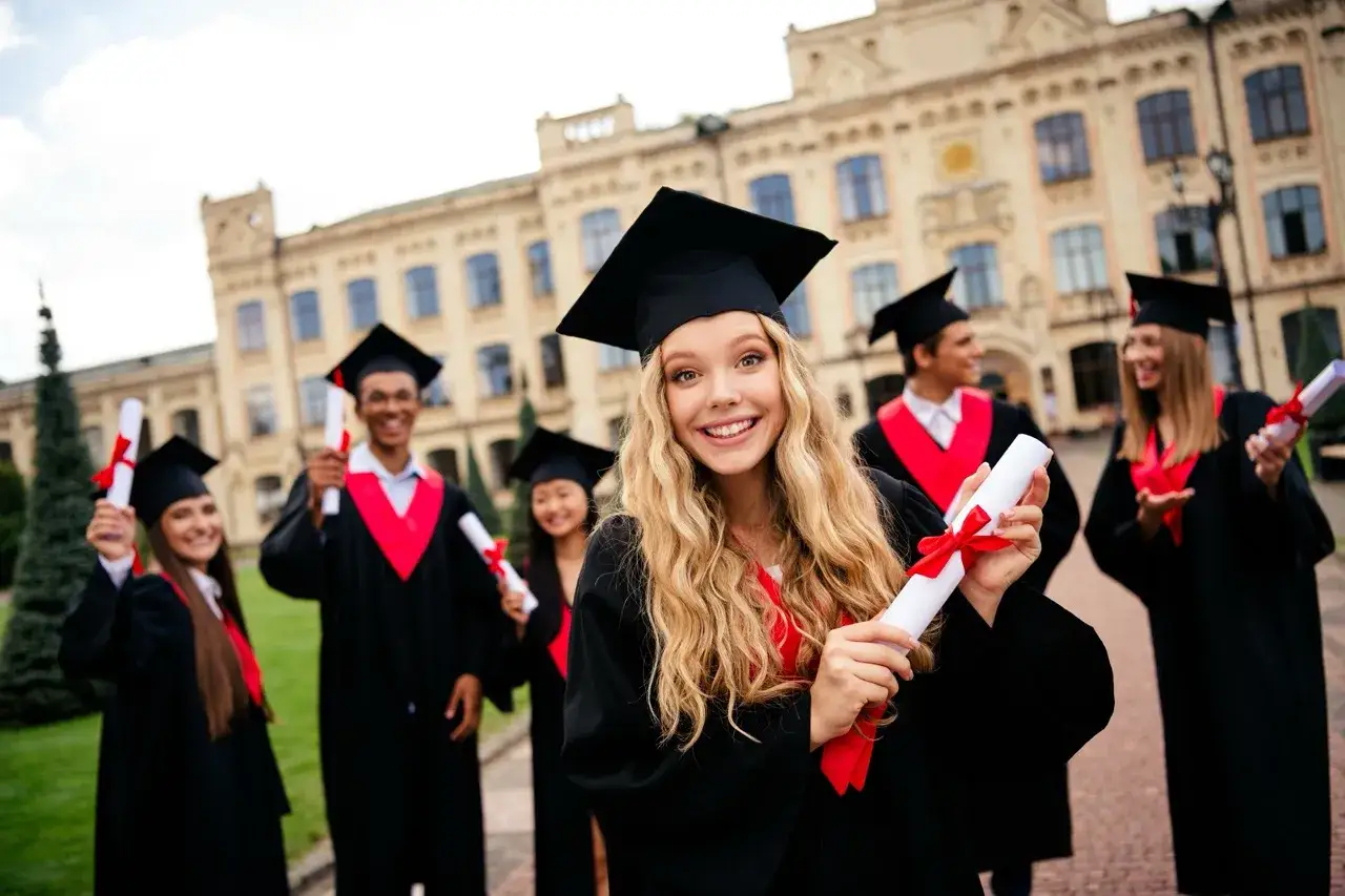Uśmiechnięci absolwenci w togach z dyplomami. To piękny moment, by zacząć studia, gdy ma się 18 lat.