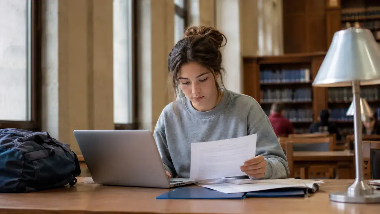 Studentka pochłonięta nauką w bibliotece, zastanawia się, czy oceny na studiach mają znaczenie.