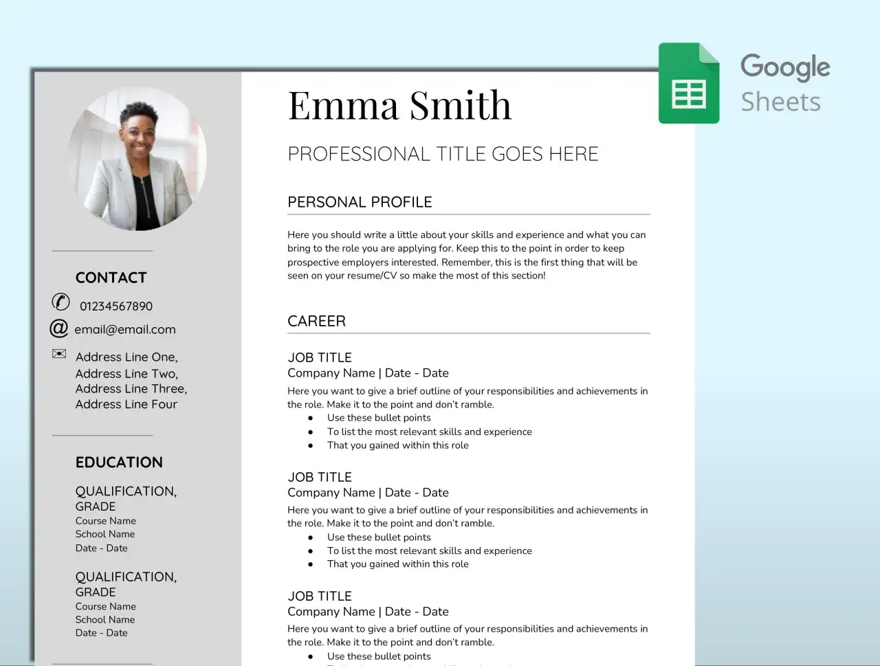 CV Emmy Smith w Google Docs, zawiera zdjęcie, dane kontaktowe, profil osobisty, doświadczenie zawodowe i edukację.