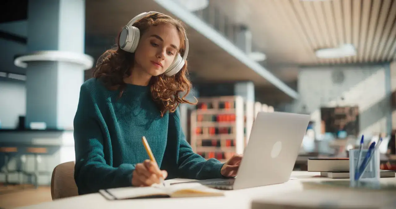 Młoda kobieta w słuchawkach uczy się zdalnie. Jej studia online w Warszawie to przyszłość edukacji.
