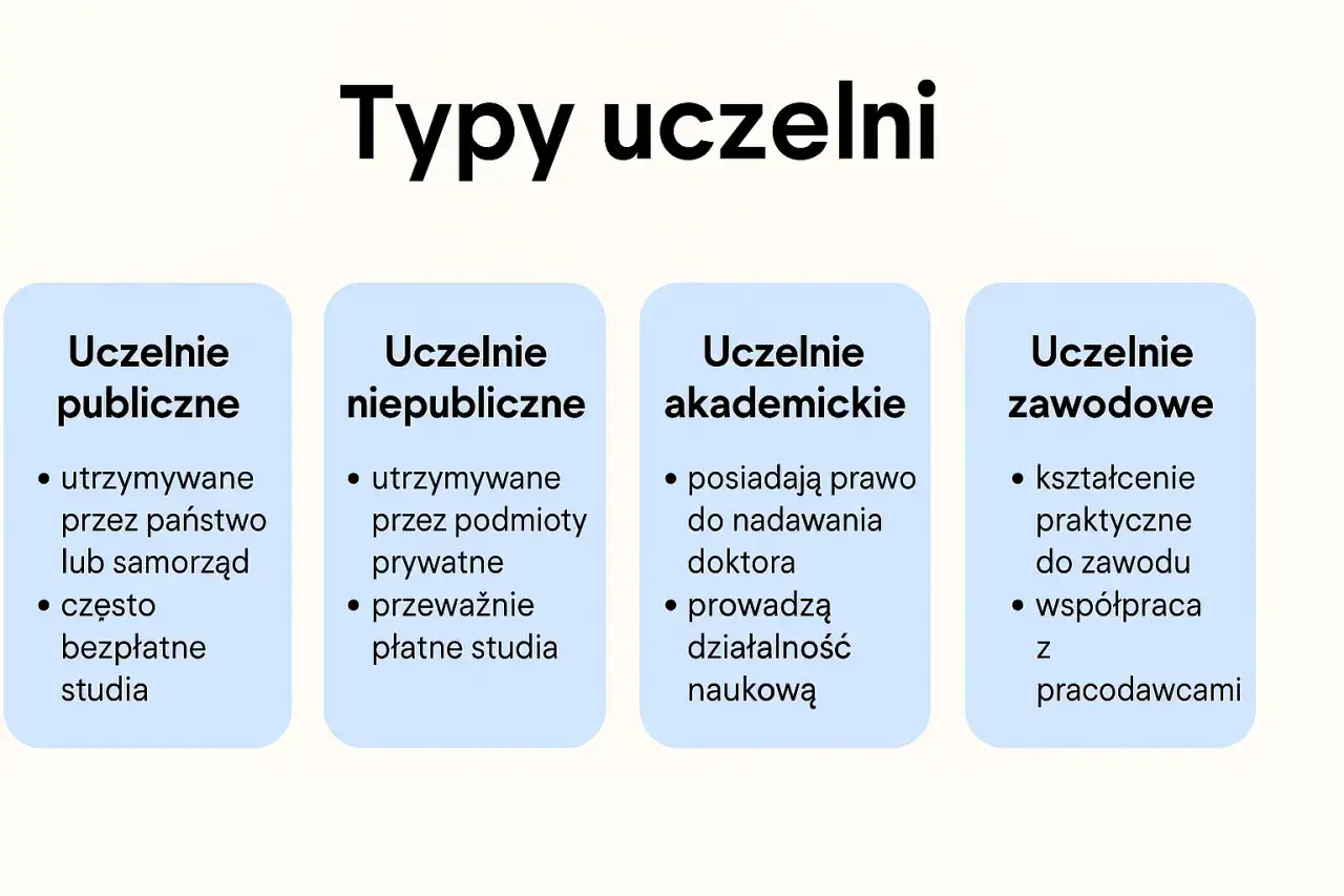 Różnice między uczelnią akademicką a uniwersytetem: uczelnie akademickie mogą nadawać doktoraty i prowadzić badania naukowe, w przeciwieństwie do uczelni zawodowych.