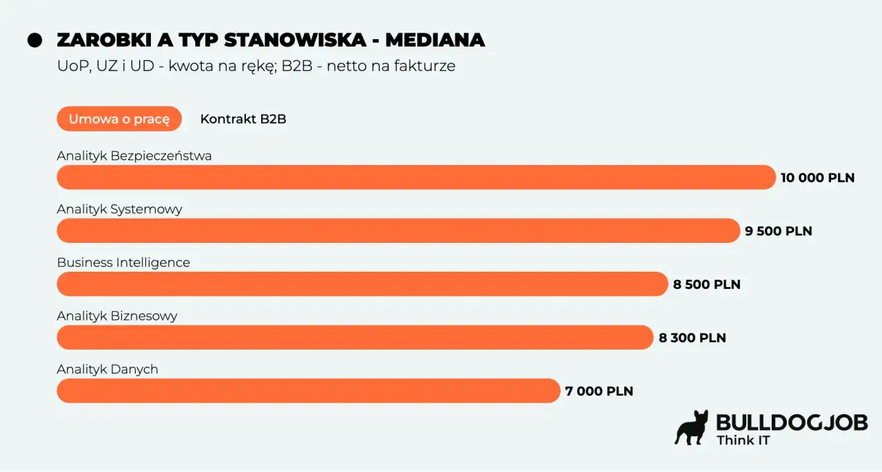 Analityk biznesowy porównuje zarobki na różnych stanowiskach, od analityka bezpieczeństwa po analityka danych, uwzględniając umowę o pracę i kontrakt B2B.