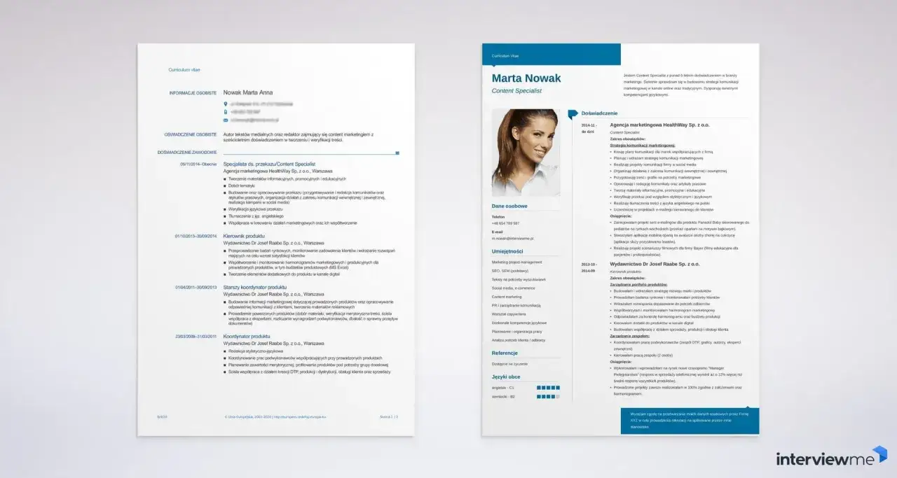 CV na praktyki: Marta Nowak, Content Specialist, z 6-letnim doświadczeniem w marketingu, budowaniu strategii komunikacji online i tradycyjnej.