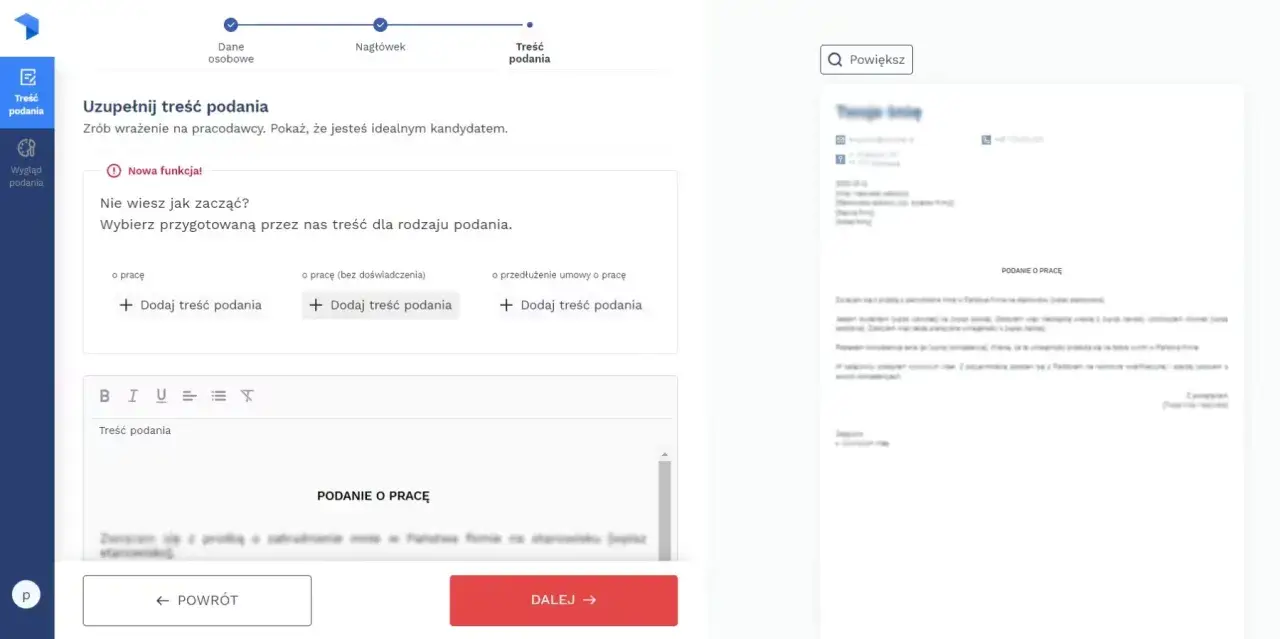 Tworzenie treści podania o pracę. Możesz wybrać gotowy szablon lub napisać własny tekst.