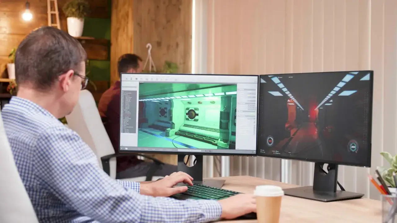 Game developer tworzy wirtualny świat na dwóch monitorach. Na jednym widać projekt wnętrza, na drugim gotową scenę gry.