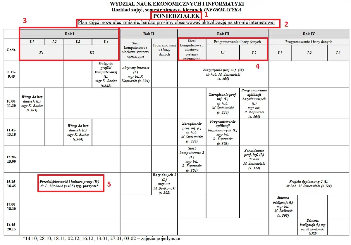 Plan zajęć na studiach niestacjonarnych: informatyka, poniedziałek. Zajęcia od grafiki komputerowej po sztuczną inteligencję.